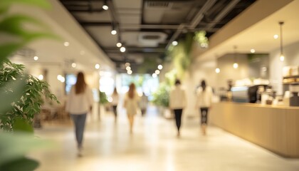 Modern Coffee Shop Interior with Blurred People, Plants, and Natural Light, Minimalist Design