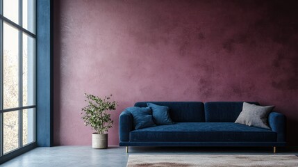 Modern living room with deep blue velvet couch and mauve wall, interior design, potential stock photo