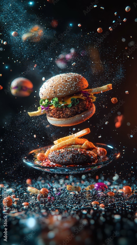 Poster Dynamic Futuristic Concept of Junk Food in Floating Display