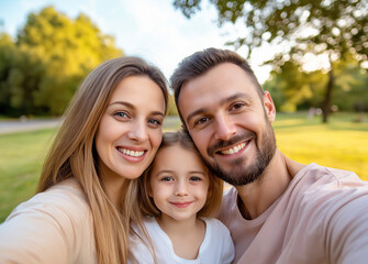 Happy family taking a selfie in a lush green park, smiling and enjoying a fun moment together in a bright outdoor setting, capturing joy and togetherness