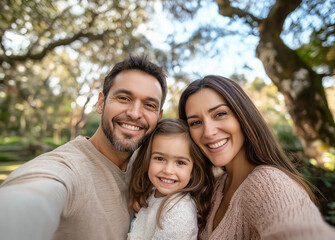 Happy family taking a selfie in a lush green park, smiling and enjoying a fun moment together in a bright outdoor setting, capturing joy and togetherness
