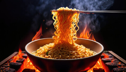 "Fiery Elegance: Ultra-Detailed noodles Suspended Above Red-Hot Coals"