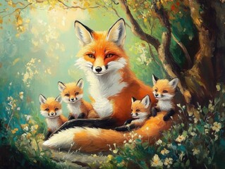 Naklejka premium Oil painting of a family of foxes with a fox mother and fox children resting under the trees and wild flowers in the forest. Wildlife Animals. Illustration. Concept for mother's day- women's day