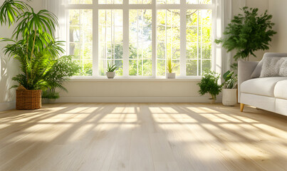 Modern Interior Minimalist Living Room with Wooden Flooring and Sunlit Space 3D Rendering