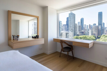 Modern bedroom with city view, floating desk, vanity