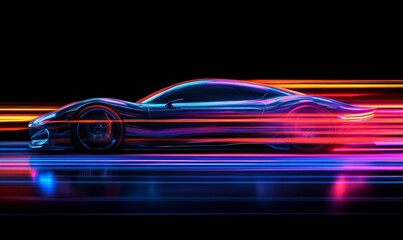 Futuristic Sports Car On Neon Highway. Powerful acceleration of a supercar with colorful lights trails. generative AI