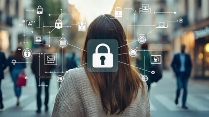 Businesswoman standing in busy city street using mobile cyber security system protecting personal data with digital padlock icon and futuristic interface while commuting to work - Powered by Adobe