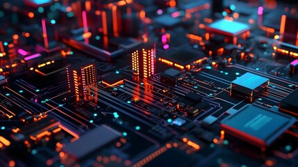 Obraz premium Futuristic high tech motherboard with illuminated city like structures and intelligence data