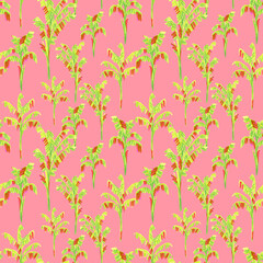 Banana palm tree seamless tropical pattern on pink background