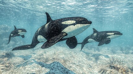 Obraz premium Orca Pod Swimming Underwater in Turquoise Ocean