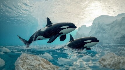 Orcas Leaping in Icy Water near Mountains