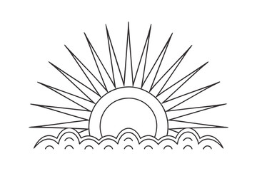 Sunrise Ocean Waves Art Design Line Drawing Simple Graphic