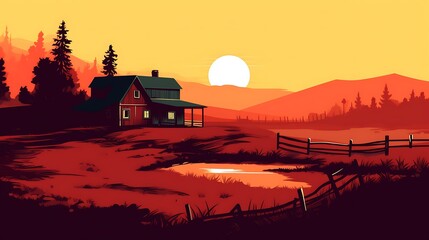 Fototapeta premium Red house sunset landscape with trees and fence