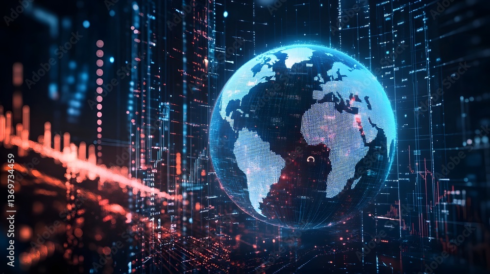 Poster glowing digital earth surrounded by futuristic global technology and data analytics