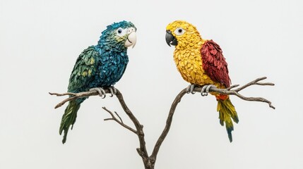 Fototapeta premium Two beautifully crafted parrots perch on a branch, vibrant and detailed art.