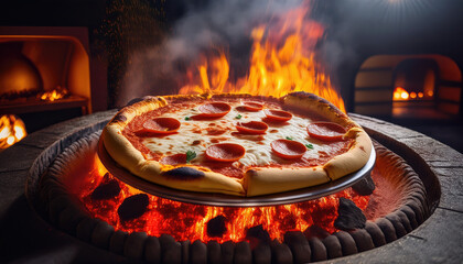 "Fiery Elegance: Ultra-Detailed Pizza Suspended Above Red-Hot Coals"
