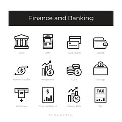 finance and banking line icon sets editable stroke vector simple bundle