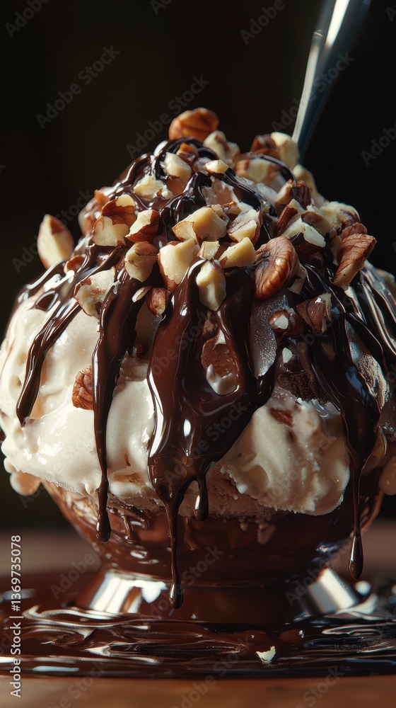 Poster hyper-realistic close-up of melting ice cream with nuts and chocolate