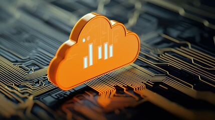 Orange cloud computing icon on circuit board.