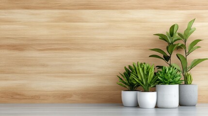Fototapeta premium Various green plants in pots are arranged on a surface
