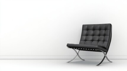 A sleek black leather chair sits against a white wall