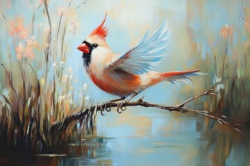 Abstract Oil Painting Of Cardinal Landing In Marsh With Soft Colors. the painting depicts a white and blue bird pecking on a branch in the wild