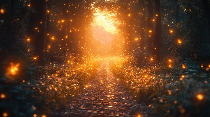 Naklejka premium Enchanted Forest Path with Glowing Lights