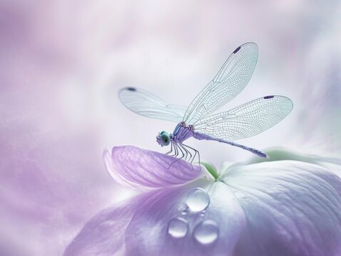 Minimalist Hyperrealism a dragonfly on a petal in virgin white lovely lilac liquid lime and ethereal silver - Powered by Adobe
