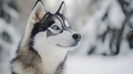 A husky with striking blue eyes standing in front of a snow-covered forest