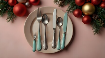 Top view of cutlery and empty plate surrounded by Christmas holiday decorations on flat pastel background. New Year's Eve Dinner. generative.ai