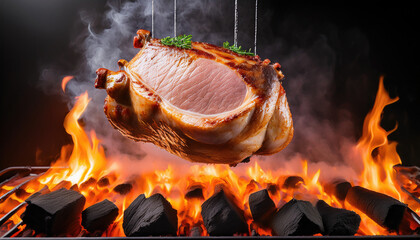 "Fiery Elegance: Ultra-Detailed Pork Suspended Above Red-Hot Coals"