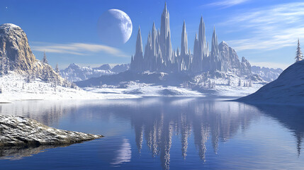 Crystal Spired City Reflects on Frozen Lake