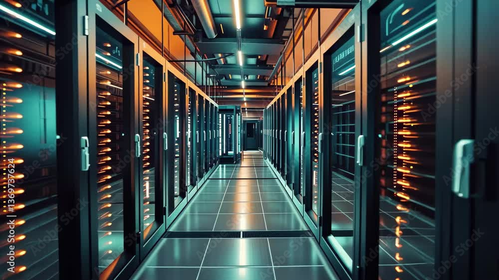 Poster rows of sleek servers occupy a modern data center, illuminated by warm lighting that creates a vibra