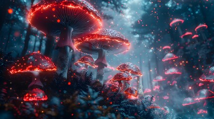 Alice in Wonderland Fantasy Background with Mushrooms and Roses