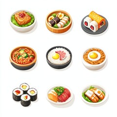 Food icon isometric concept. A colorful array of various sushi and noodle dishes displayed in bowls, showcasing a variety of Japanese cuisine.