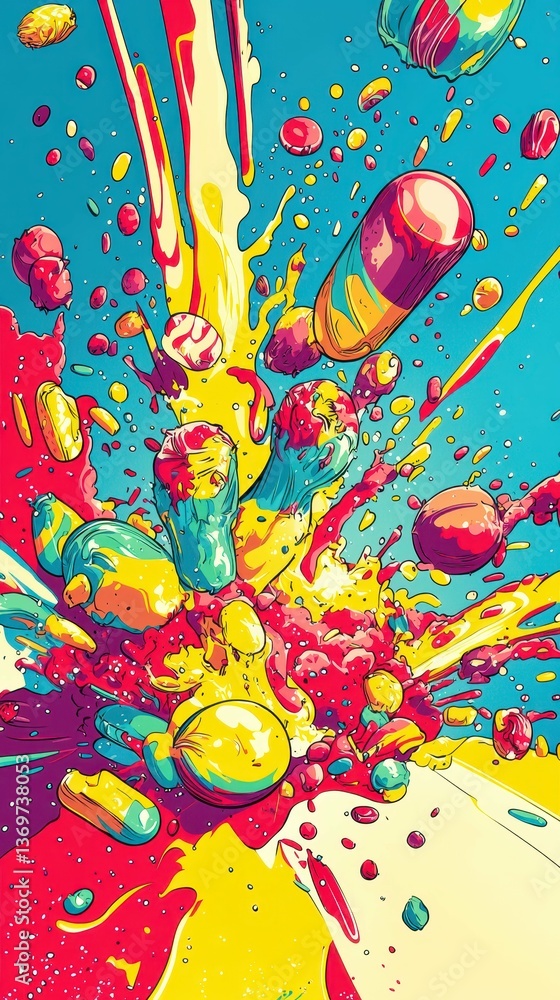 Poster playful comic style depiction of exploding colorful elements