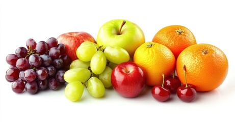 Clean White Background with Assorted Fruits: Apple, Orange, Grapes, Cherry, and More Grapes