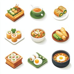 Food icon isometric concept. A colorful array of dishes including sushi, spring rolls, soup, and tea, showcasing a diverse selection of Asian cuisine.