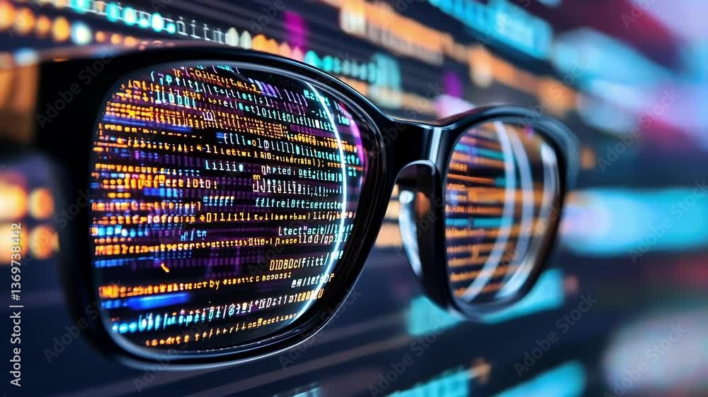 Poster eyeglasses reflecting lines of programming code displayed on a computer screen, symbolizing cyber se