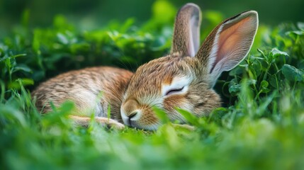 A sleeping brown rabbit nestled peacefully amidst green grass