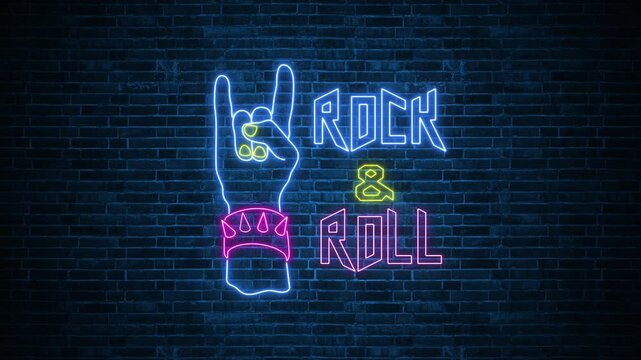 music rock and roll neon lights text and hand sign on brick wall animation, cafe and bar party signboard motion background