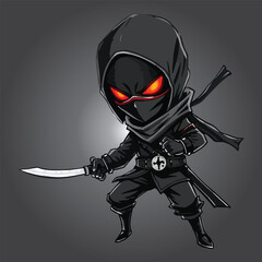 Cute Ninja Cartoon Character Holding Katana Sword with Red Eyes in Black Hooded Outfit, Standing in Action Pose with Japanese Style Elements for Sticker, T-Shirt, and Game Design