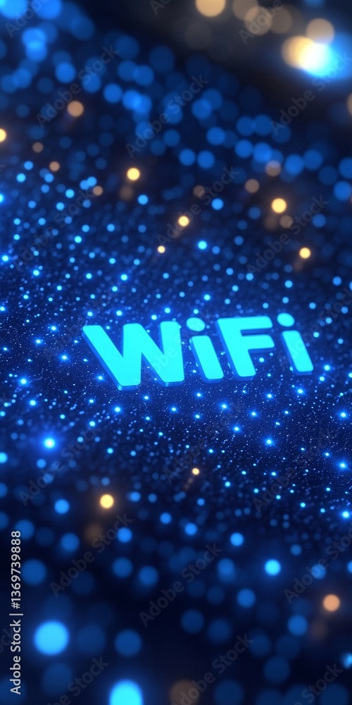 Poster next-generation wireless connection glowing wifi text on a blue technological background