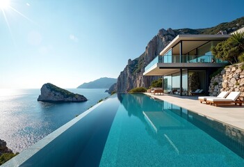 Fototapeta premium Cliffside Dream: Experience the Elegance of a Glass Home in Capri, Featuring an Infinity Pool Overlooking the Azure Sea and Rugged Coastal Rocks
