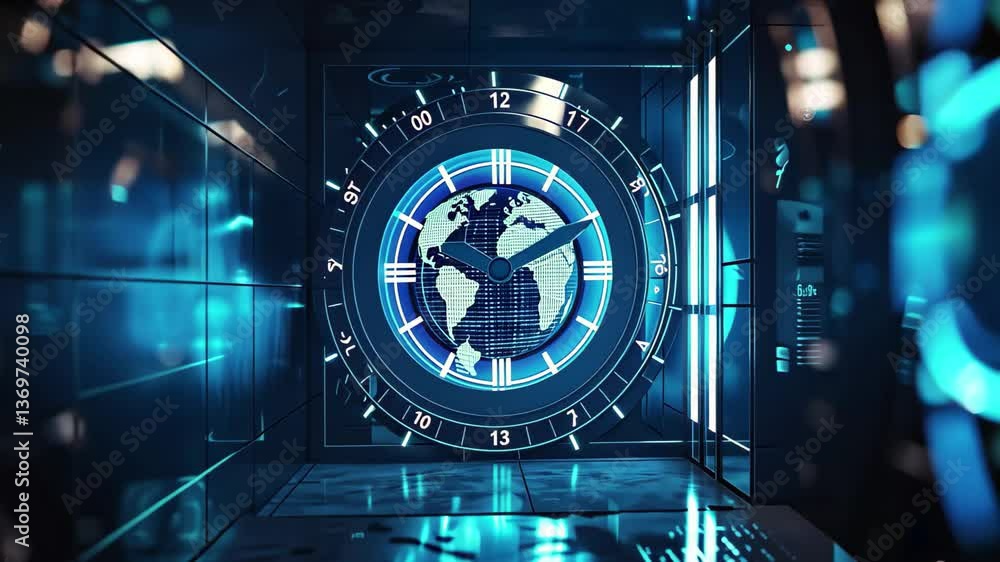 Poster the scene displays a high-tech corridor bathed in blue light, culminating in a digital globe surroun