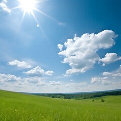 Obraz premium Sunny Day Over Lush Green Rolling Fields and Blue Sky