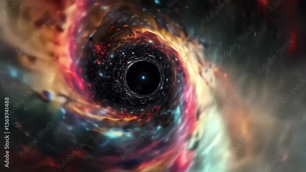 Poster vibrant colors and intricate patterns swirl around a dark void, illustrating the beauty of a cosmic 