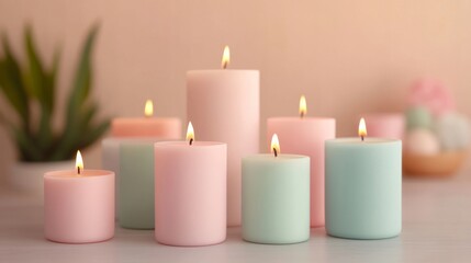Relaxing candle arrangement cozy home setting decorative content soft color palette close-up view serenity concept