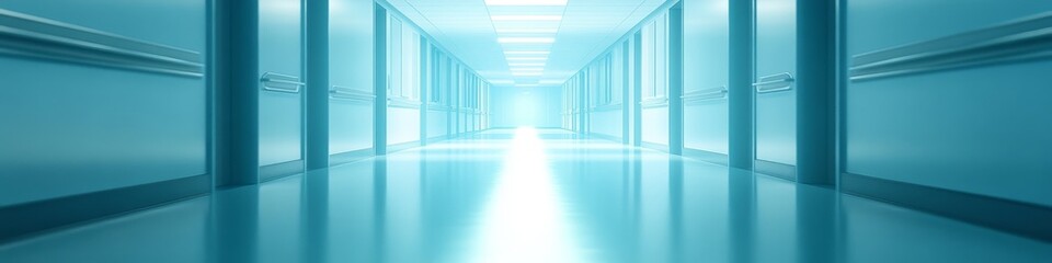 Fototapeta premium Blurred and abstract of hospital corridor with light, modern clinic design in aqua hues