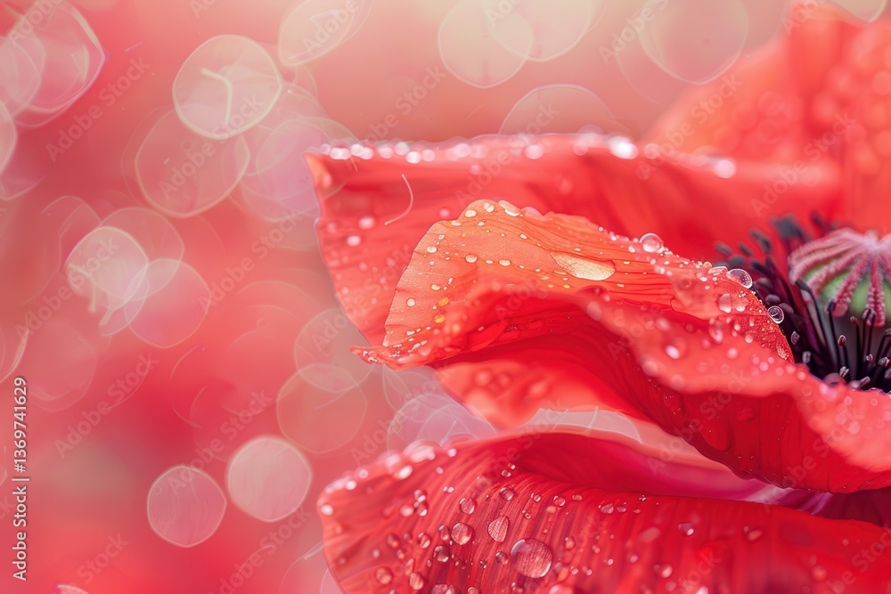 Poster macro shot of red poppy with dewdrops and soft bokeh in patriotic colors for artistic design